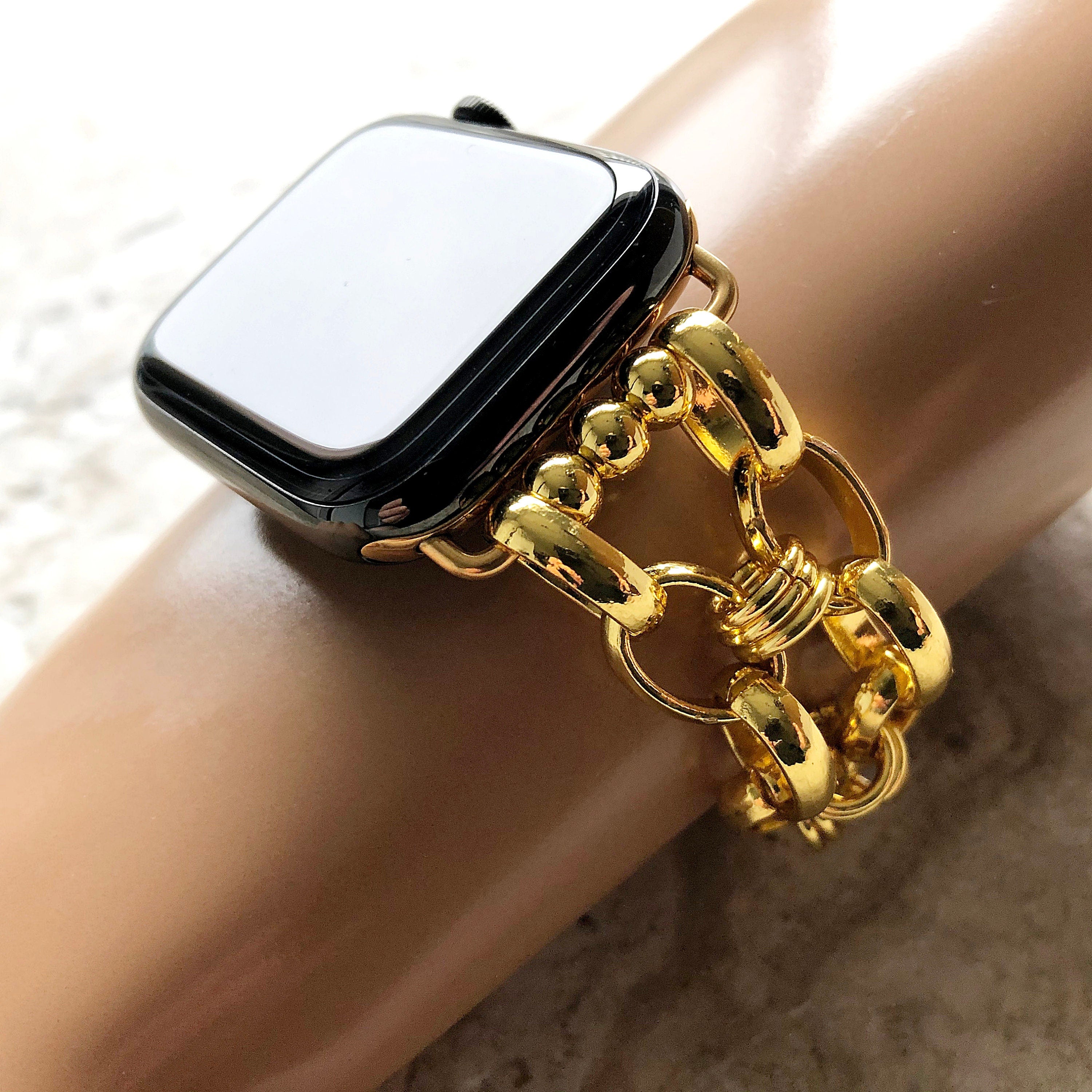 New Apple Watch Band Bracelet Convex Chain Link Stainless Steel Gold Color for iWatch Ultra 2 49mm and 9 8 Series 41mm 45mm Handmade Strap